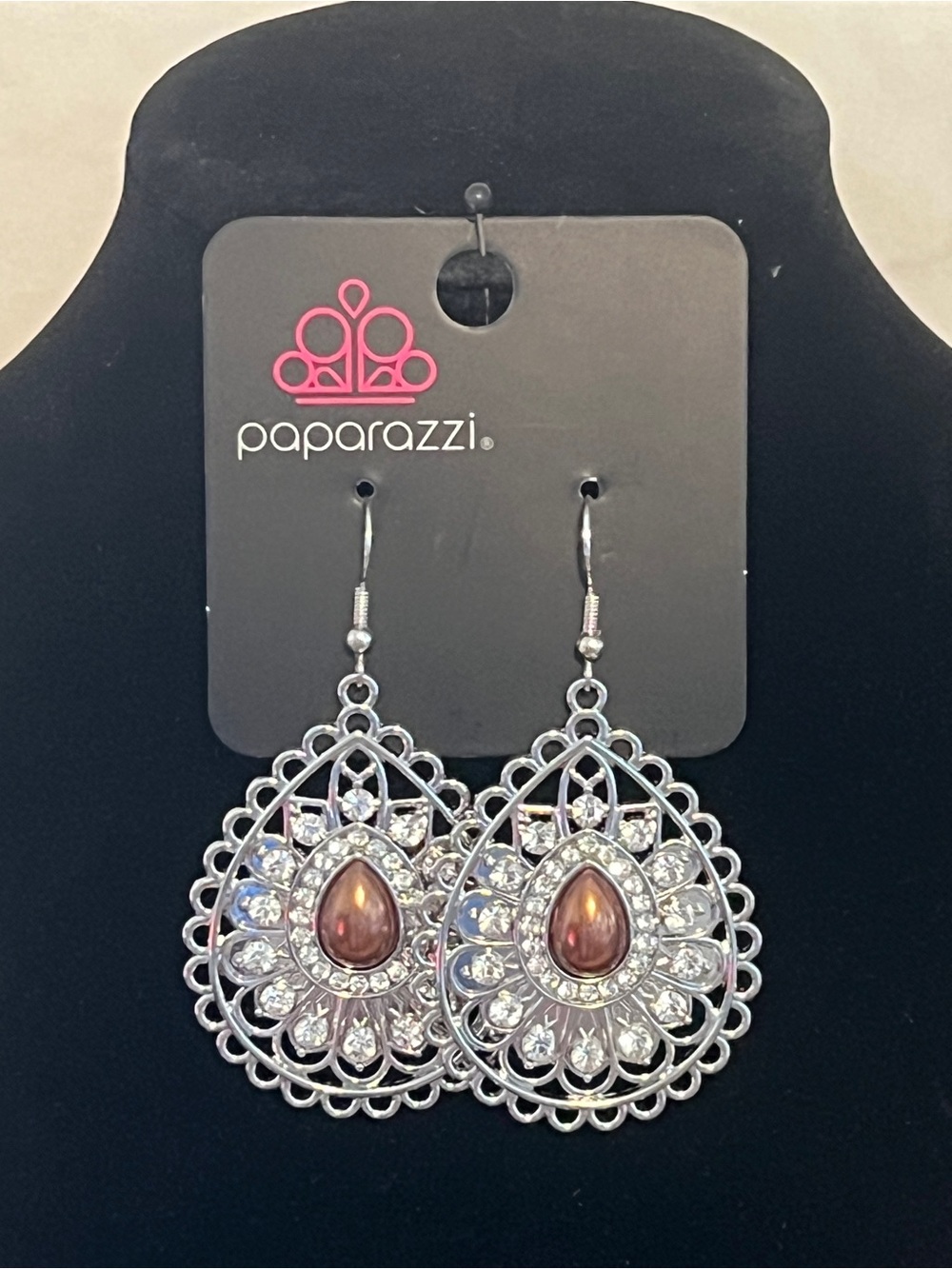 Paparazzi Silver and Brown Teardrop Filigree Earrings
